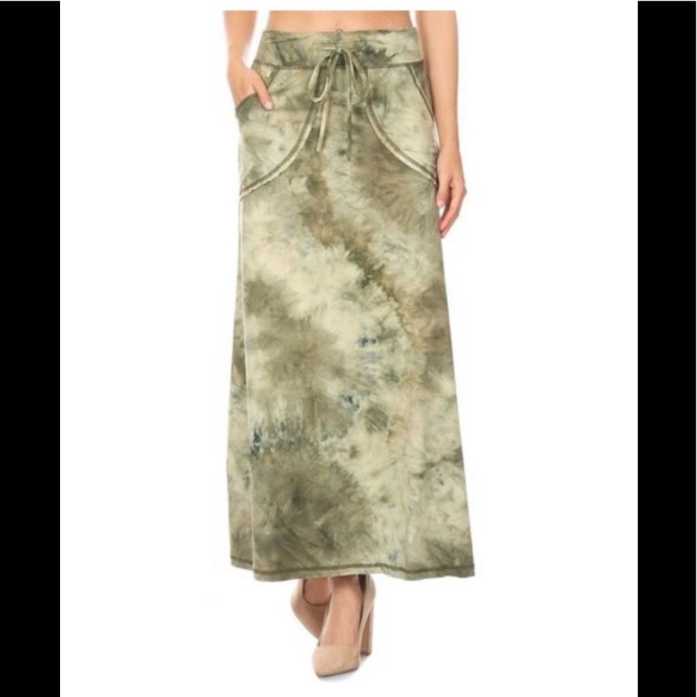 Olive Green Tie Dye High-Rise Maxi Skirt